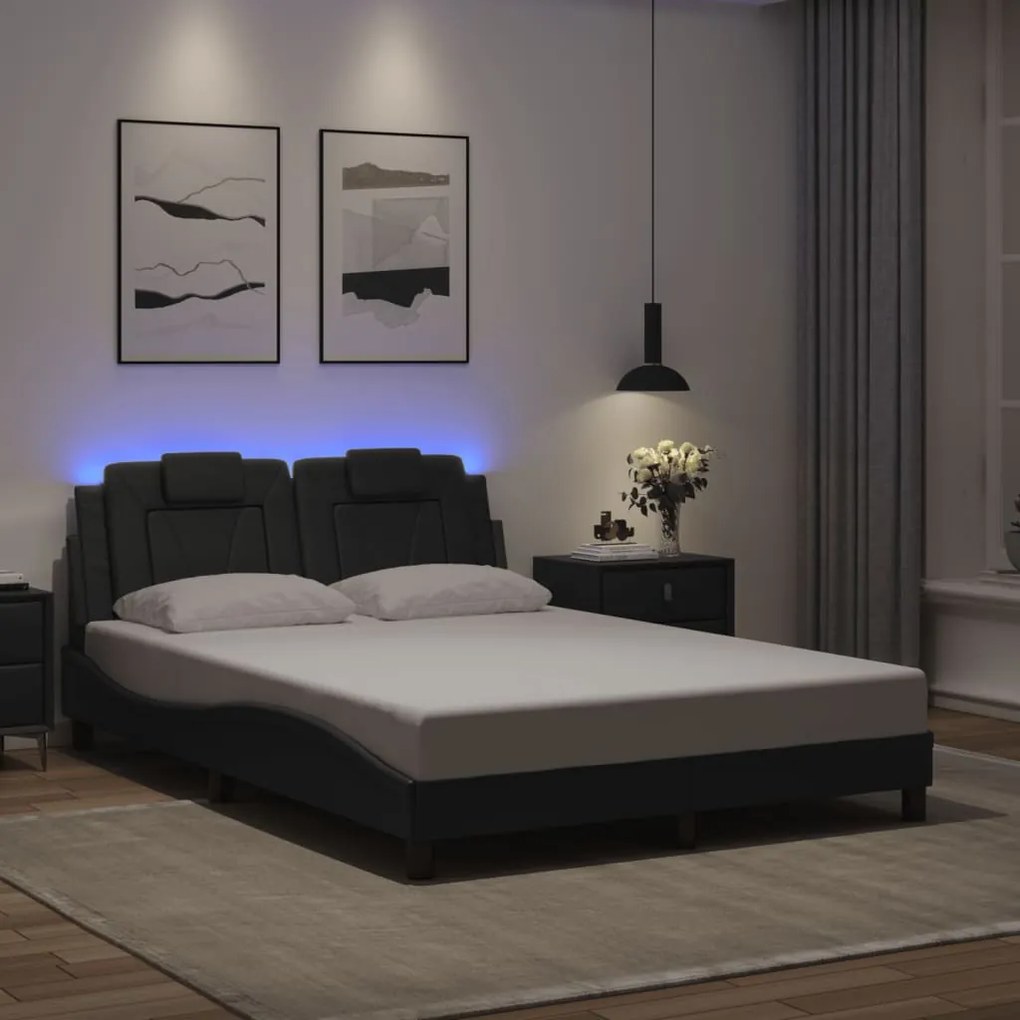 Estrutura de cama c/ luzes LED 140x200cm couro artificial cinza