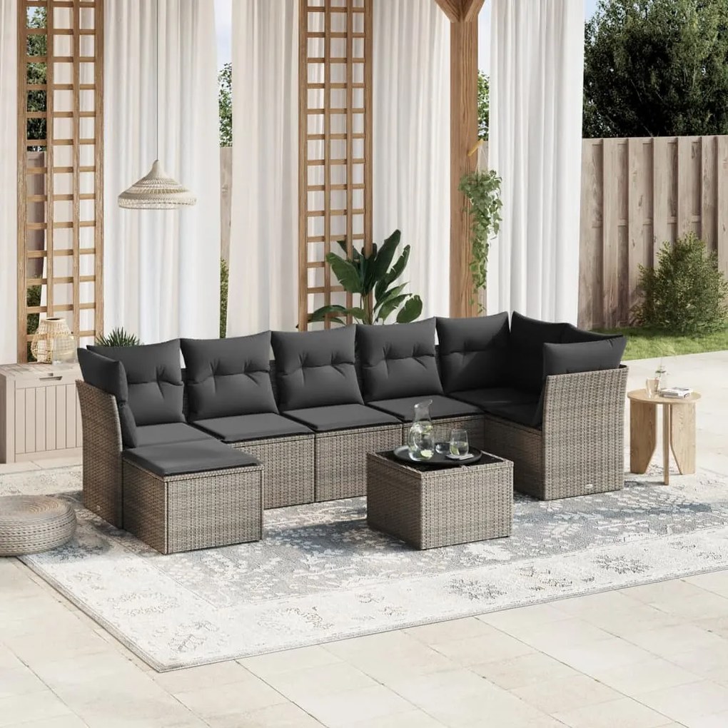 vidaXL 8 pcs conjunto sofás de jardim c/ almofadões vime PE cinzento