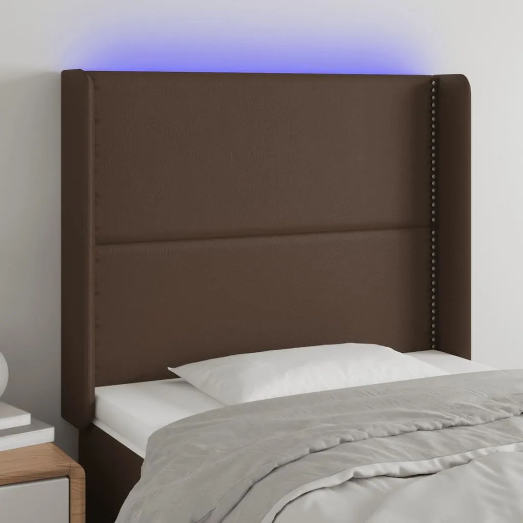 vidaXL Cabeceira cama c/ LED 83x16x118/128cm couro artificial castanho