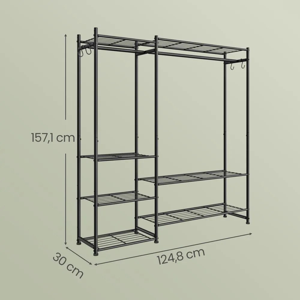 Guarda roupa aberto com estrutura metálica, 30 x 124,8 x 157,1 cm com 7 prateleiras Preto