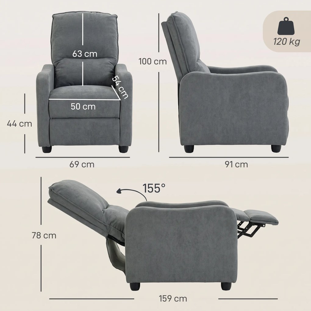 Poltrona Relax Reclinável Manual Acolchoada em Cinzento Escuro