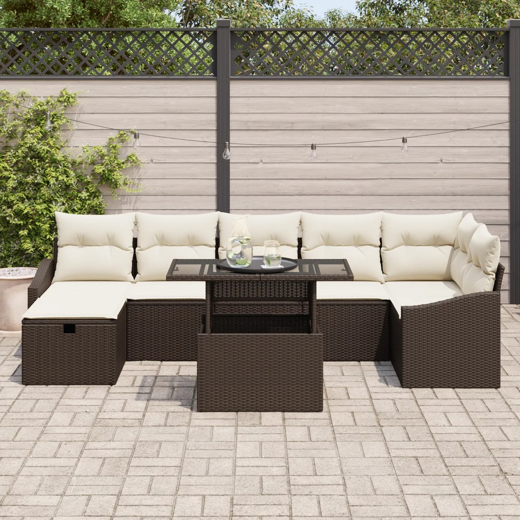 Conjunto de Sofá de Jardim de 8 Peças com Almofadas Marrom Rattan PE