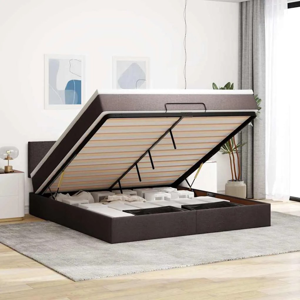Cama Otomana com colchão&amp;LEDs 180x200cm tecido castanho-escuro