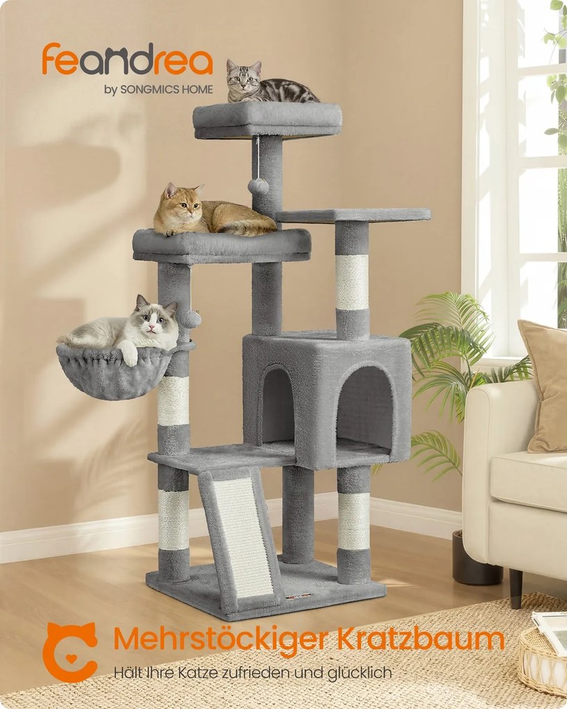 Arranhador para gatos 48 x 48 x 136 cm e com 3 plataformas, cinzento claro