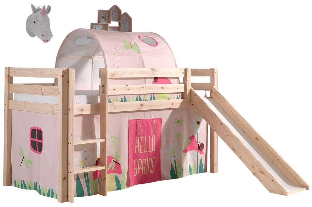 Conjunto Cama alta de Criança PINO 90 x 200 cm + estrado + escada + escorrega + cortina + túnel Primavera Natural