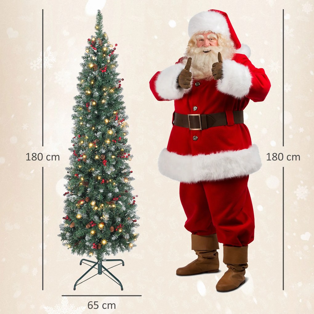 Árvore de Natal Slim 180 cm com Luzes LED 8 Modos de Iluminação 461 Ramos com Purpurina Prateada Pinhas e Bagas Verde