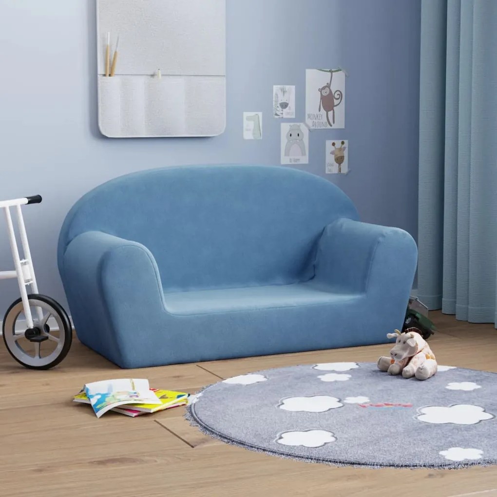 341771 vidaXL Sofá infantil de 2 lugares pelúcia azul