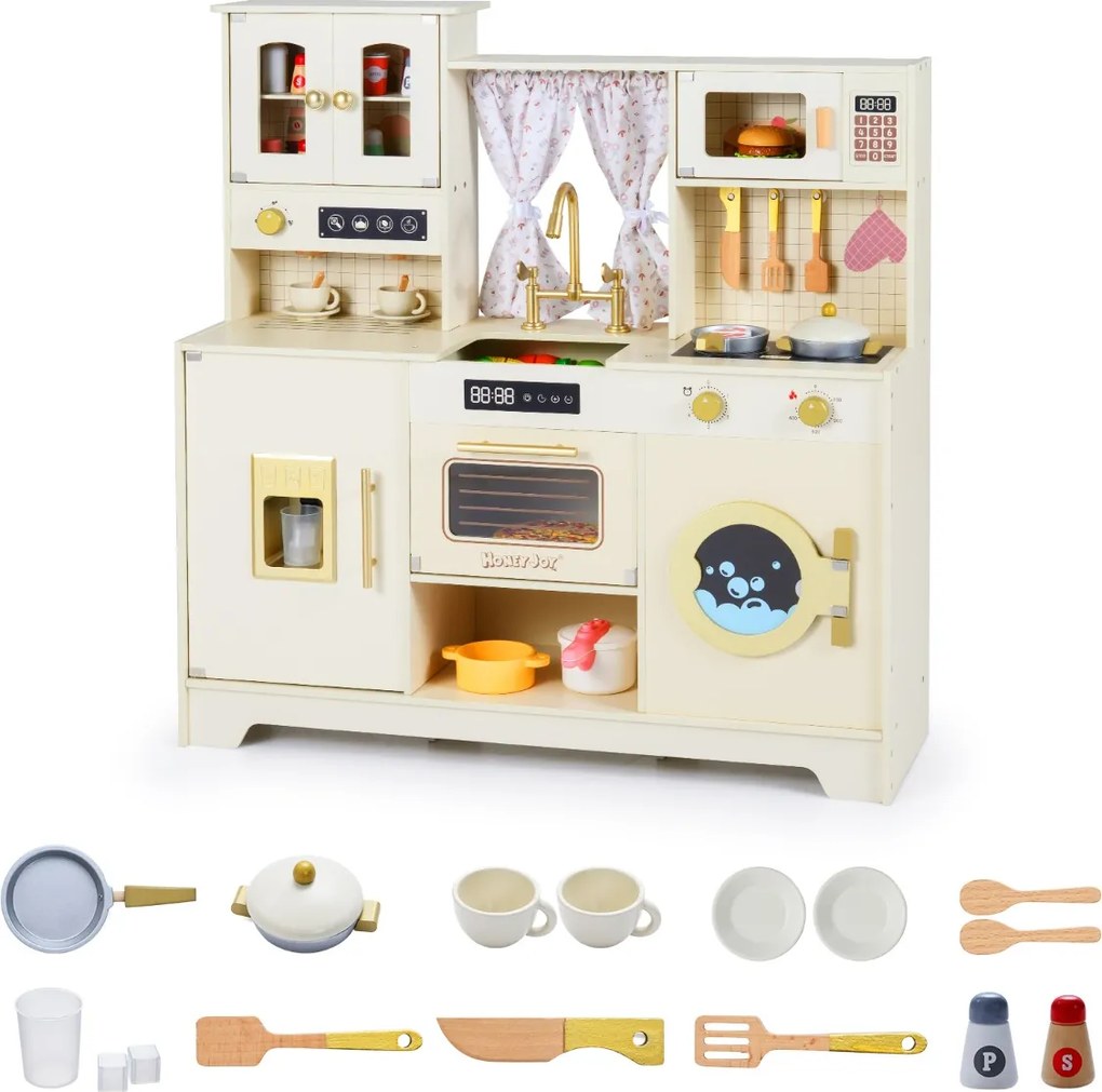 Cozinha de brincar em madeira para crianças 95 x 32 x 96 cm com forno micro-ondas, torneira e vários acessórios para maiores de 3 anos, bege