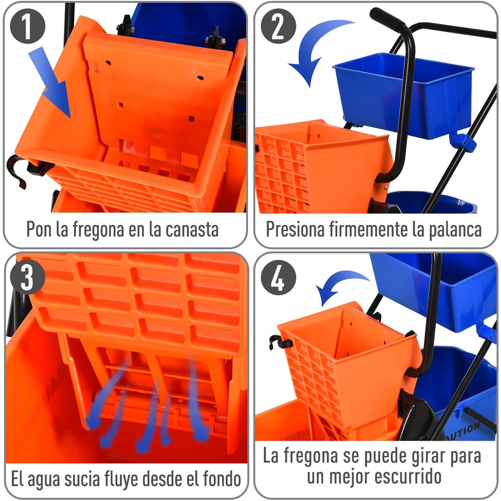HOMCOM Balde para esfregona comercial Balde para esfregona com escorredor de baixa pressão 26L Capacidade com 4 rodas silenciosas Baldes separados duplos 78x45x95cm Laranja e azul