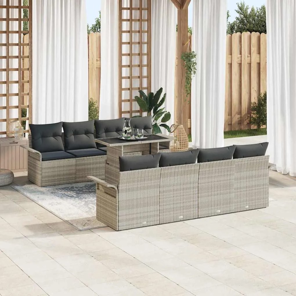 Conjunto de sofá de jardim de 9 peças com almofadas cinza claro em rat