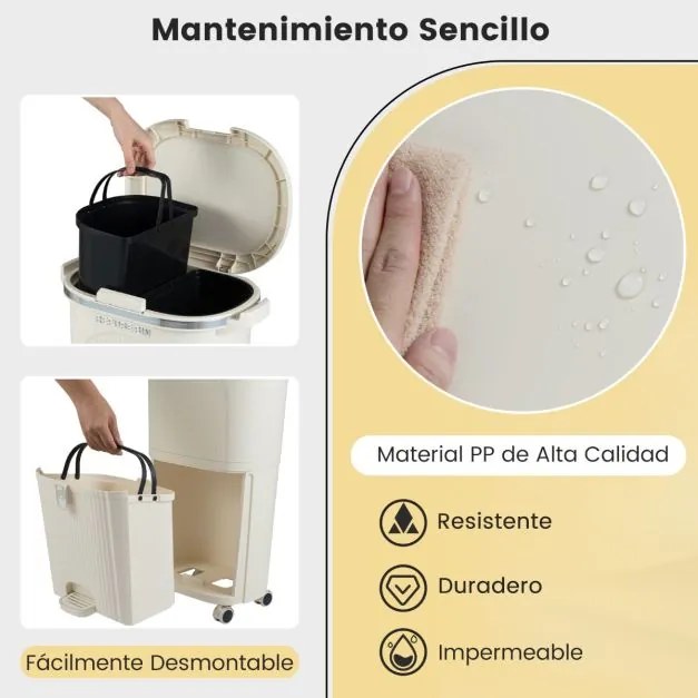 Caixote do lixo de 38 L com dupla camada, 2 caixotes removíveis, pedal e rodas para sala, cozinha e casa de banho, bege