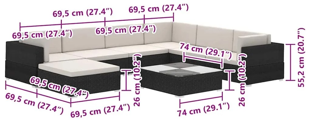 8 pcs conjunto lounge de jardim c/ almofadões vime PE preto