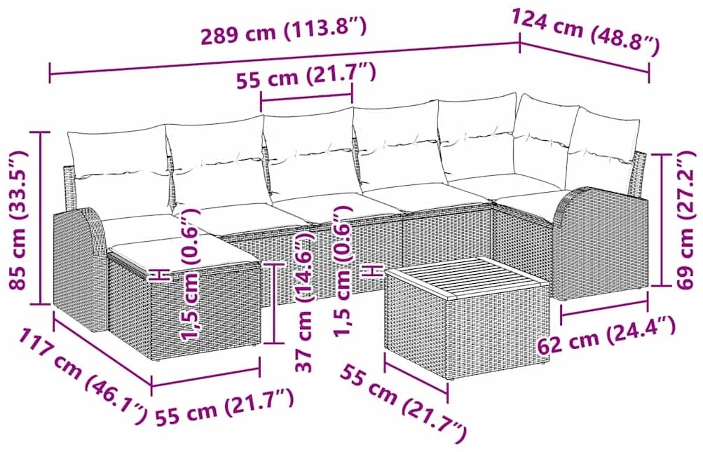 Conjunto de Sofá de Jardim com 8 Peças , Almofadas Pretas, Rattan Sint