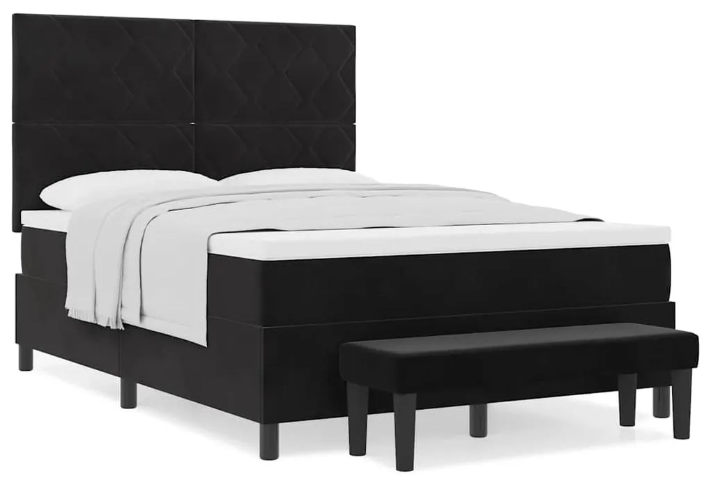 Cama Box com Colchão e Banco Preto 140x200 cm Veludo