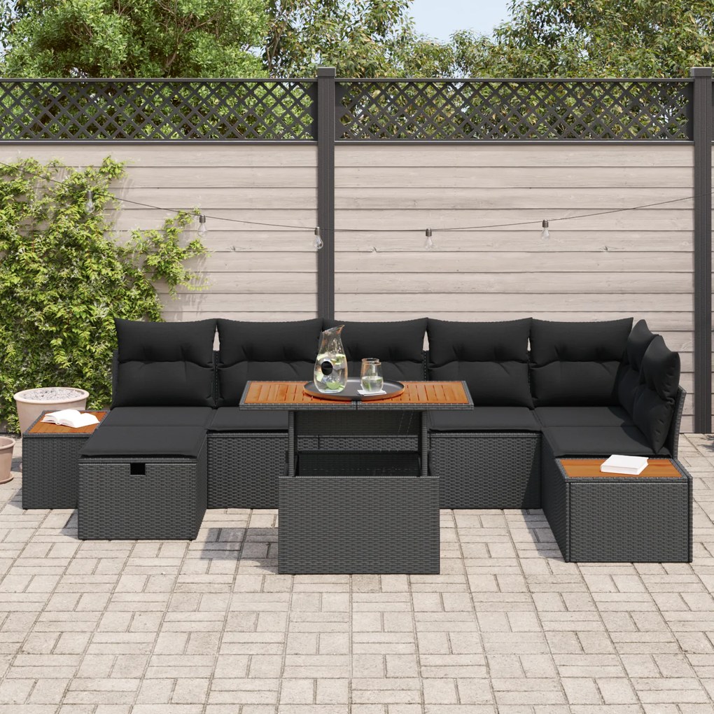 Conjunto de Sofá de Jardim de 8 Peças com Almofadas Preto Rattan Polim