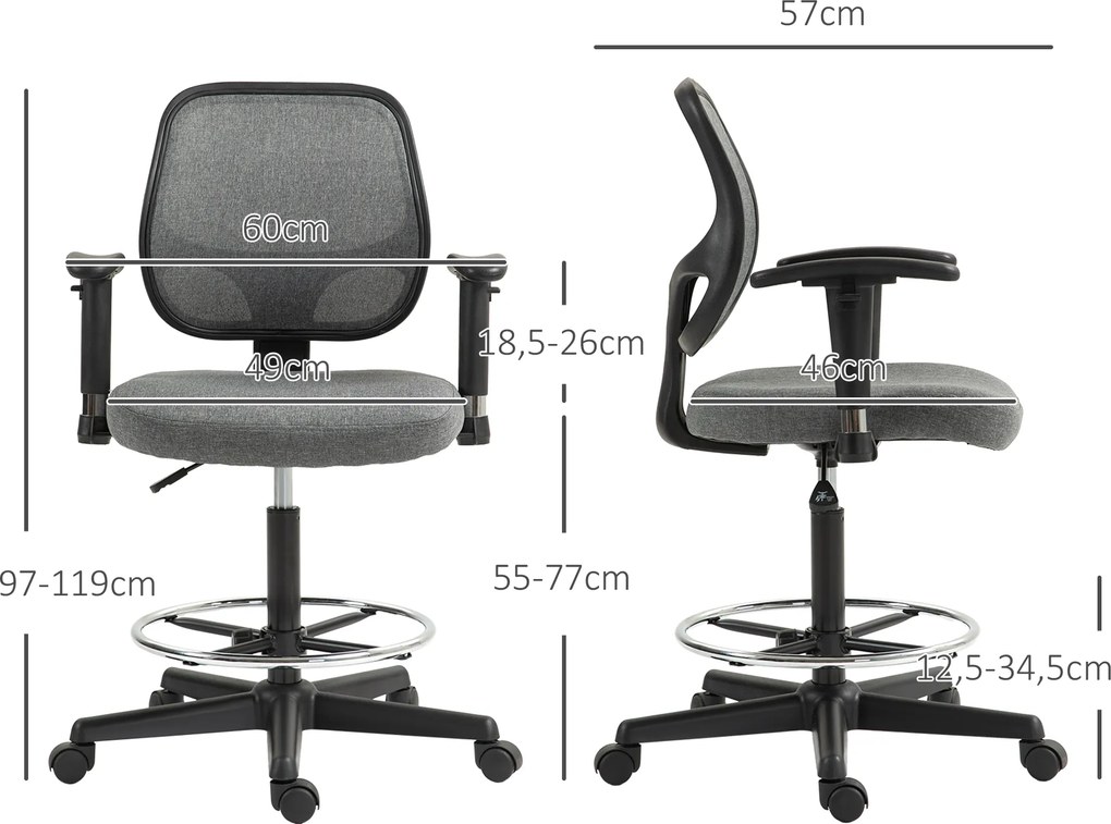Cadeira de escritório com assento alto ajustável, braços 60 x 57 x 97-119 cm com rodas, cinzenta