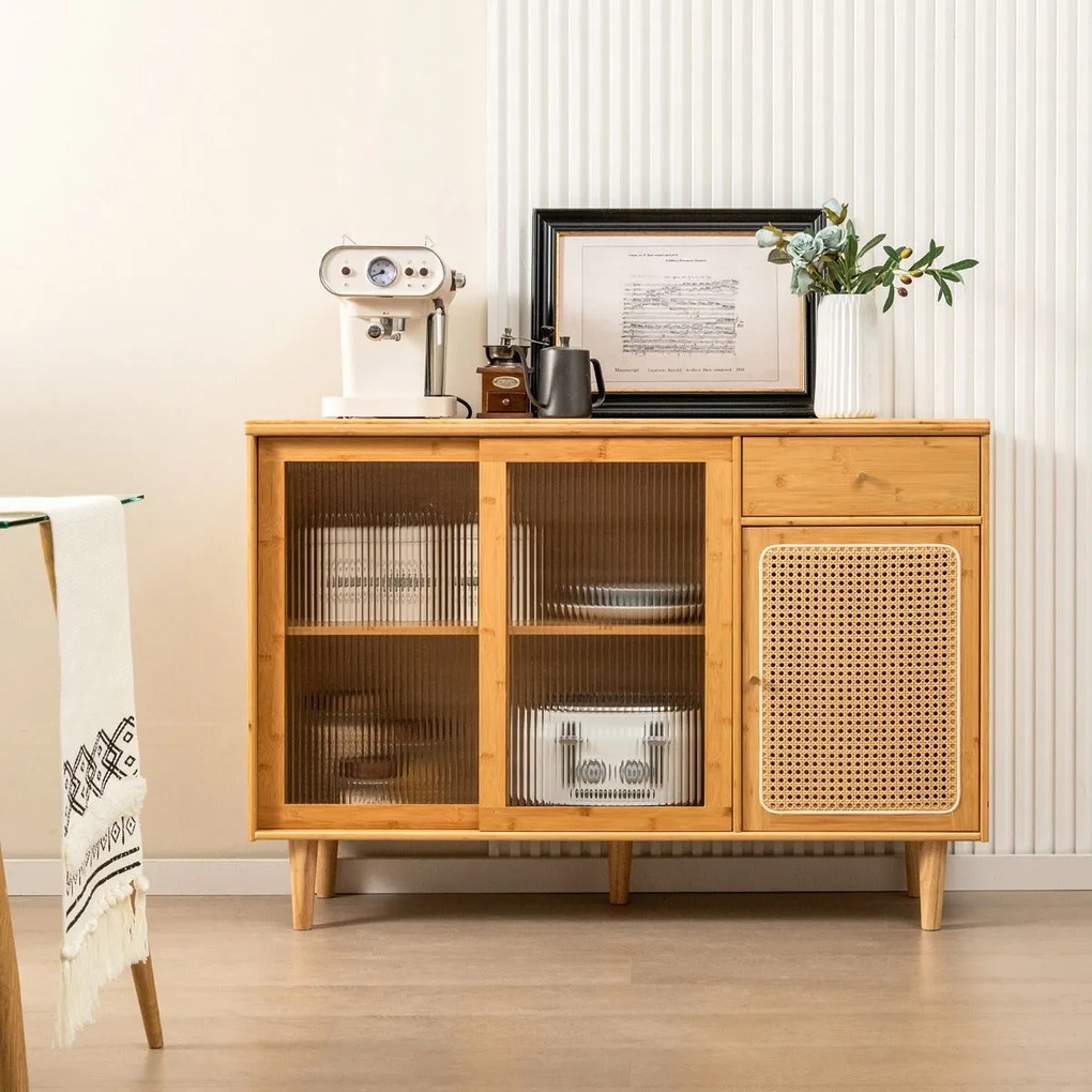 Aparador Lousã em Bambu com Portas de Vidro e Ratã – 120x35x83 cm – Na
