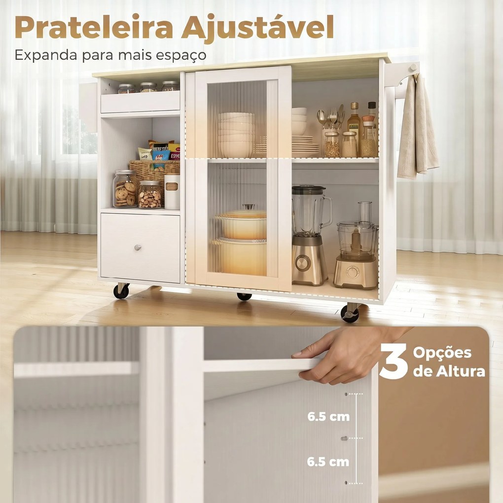 Ilha de Cozinha 132,2x74,7x90 cm com Tampo Rebatível Rodas Garrafeira e Portas de Correr em Vidro branco e cor carvalho