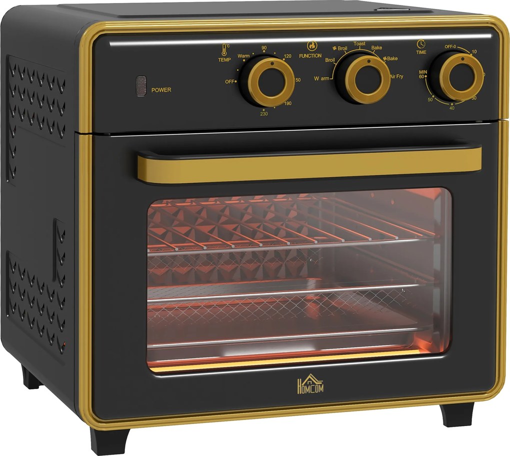HOMCOM Miniforno, 20 L, fritura sem óleo, grelhar, assar, circulação de ar, 90-230° C, temporizador, 1400 W, preto+ouro | Aosom Portugal