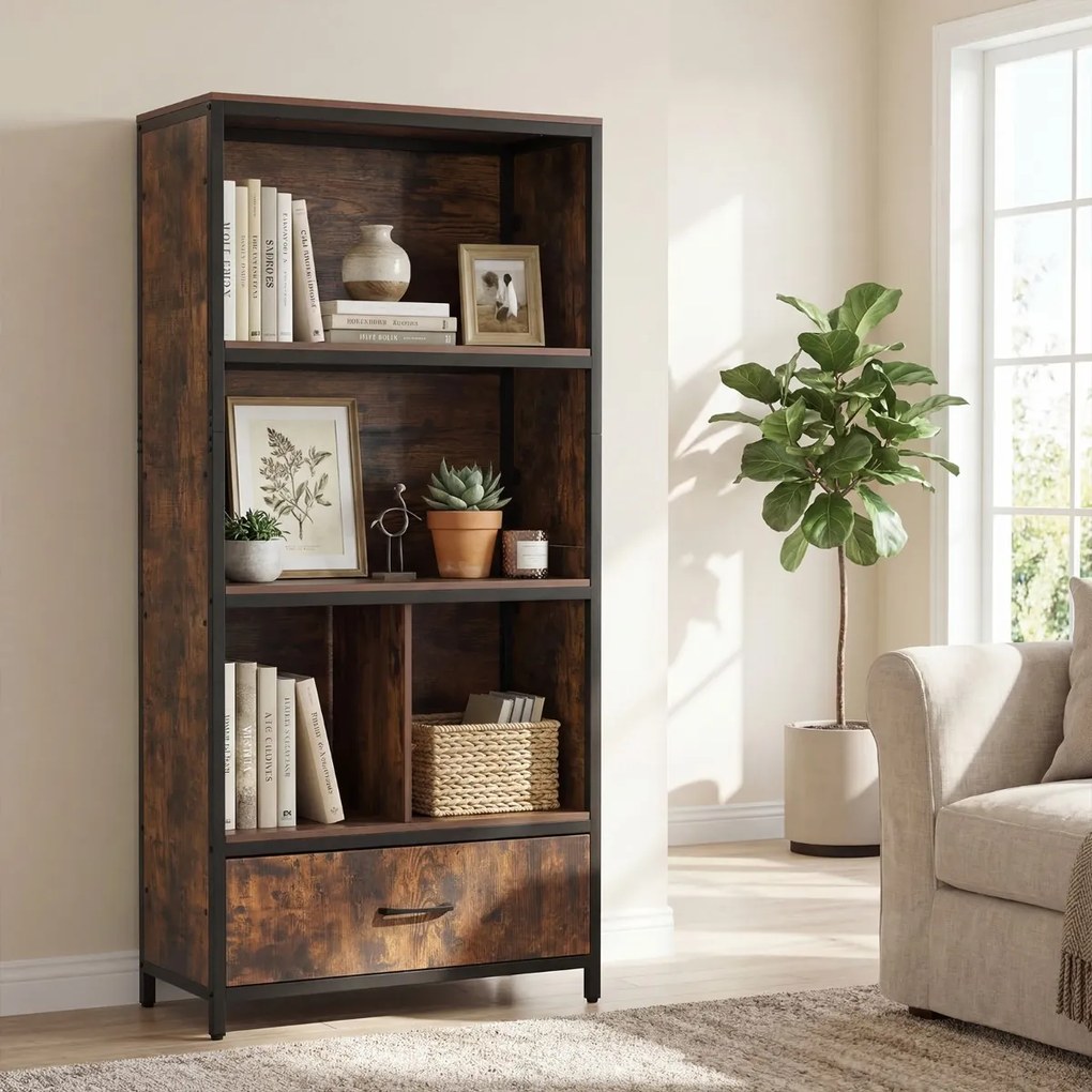 Estante de 4 níveis 68 x 30,5 x 151,5 cm com 4 compartimentos abertos e gaveta dobrável em tecido; Estrutura metálica para quarto ou escritório, em ca