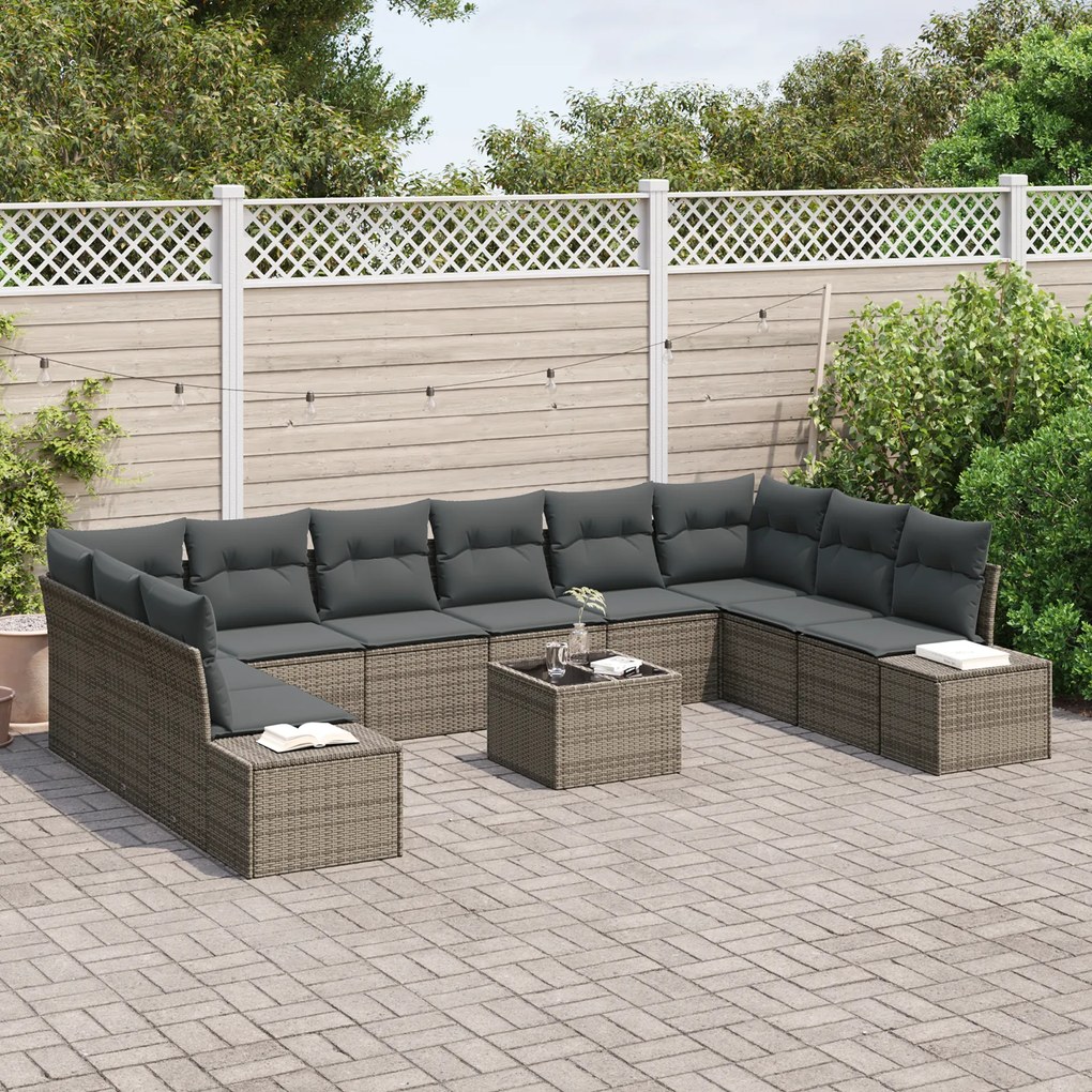 Conjunto de Sofá de Jardim de 10 Peças com Almofadas Preto Rattan PE