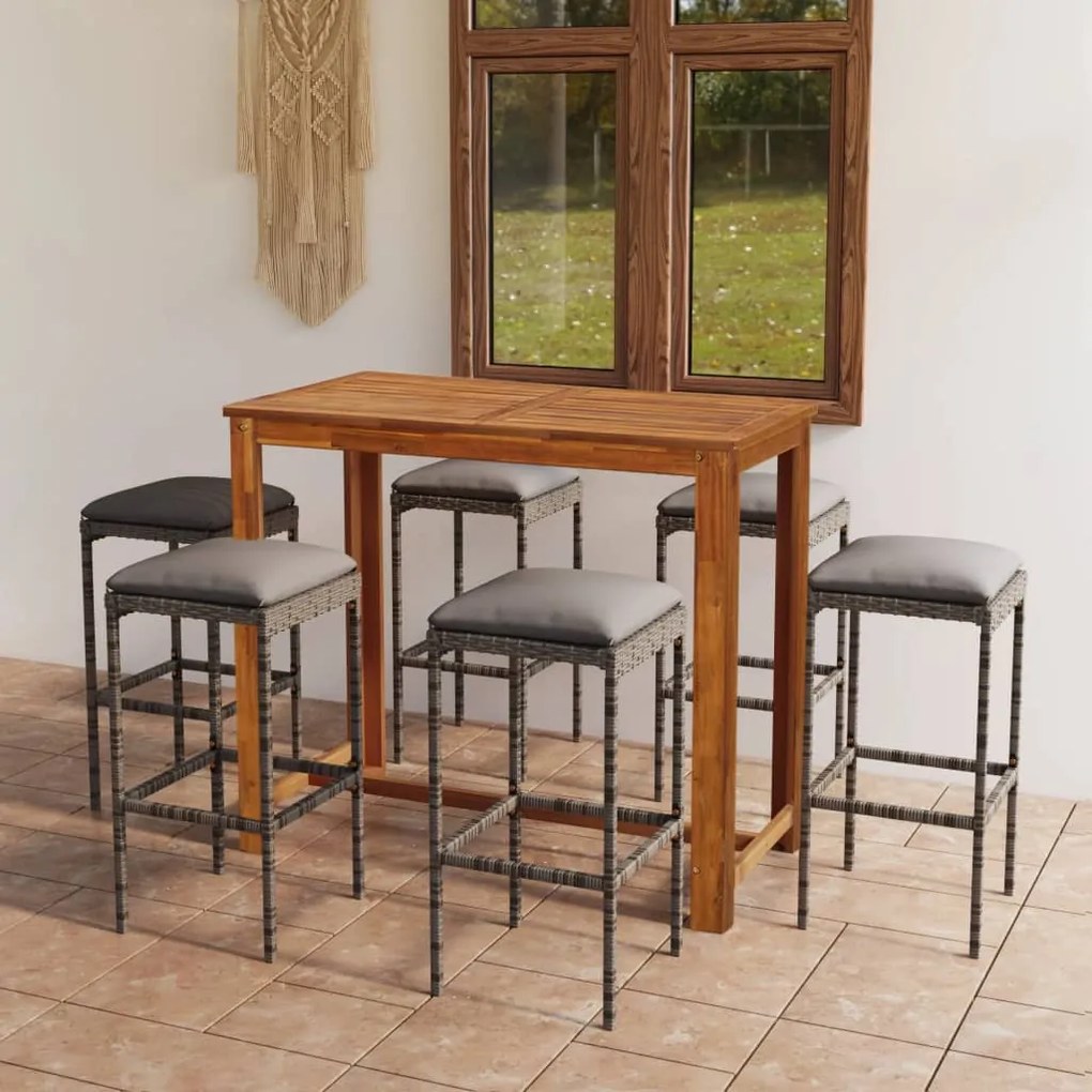 vidaXL 7 pcs conjunto de bar p/ jardim com almofadões cinzento