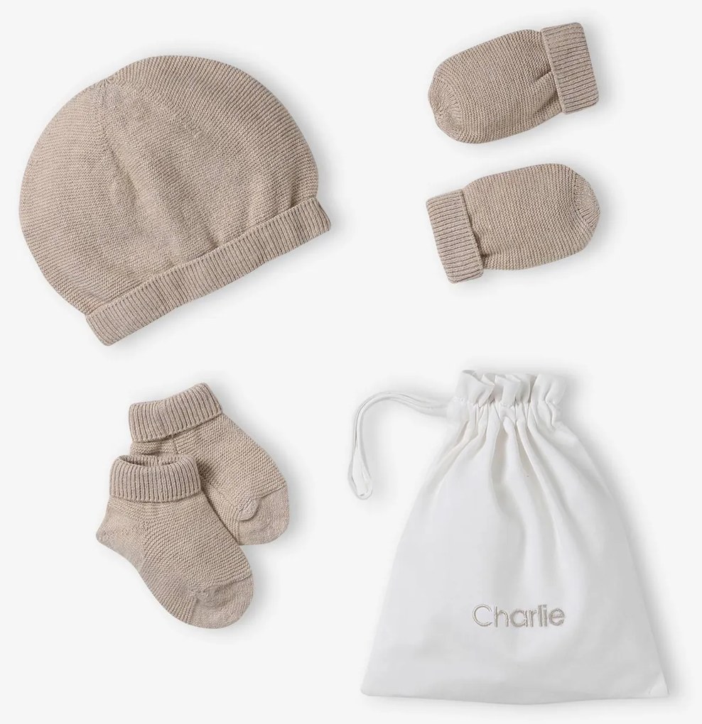 Conjunto gorro, luvas, sapatinhos e bolsa personalizável, para recém-nascido bege mesclado
