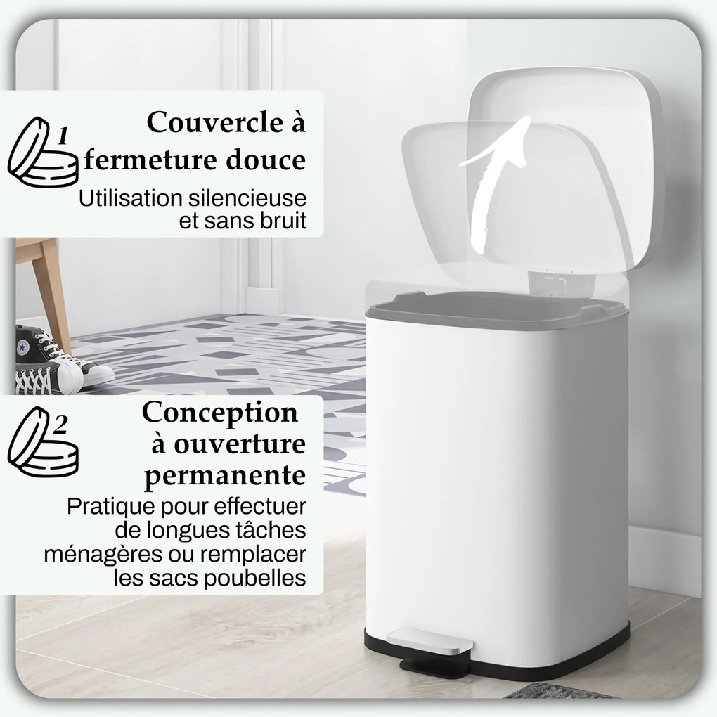 Caixote do lixo de cozinha de 20 L com tampa de fecho suave e pedal 28 x 35 x 45 cm, balde interior removível, branco