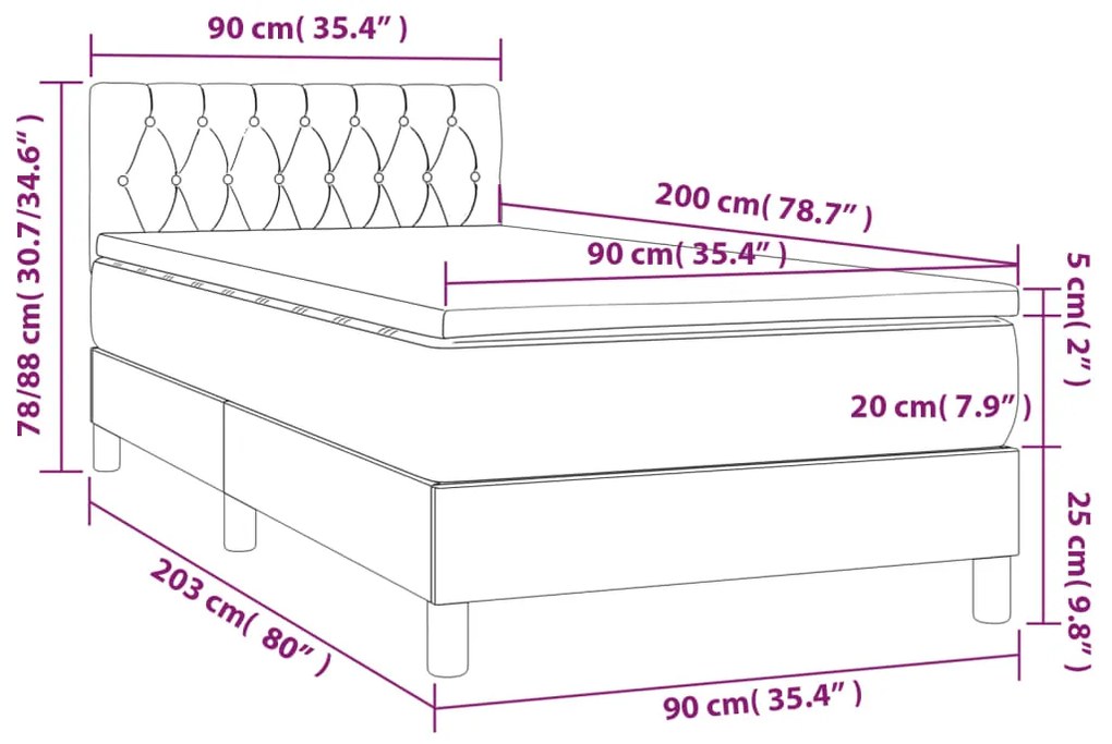 Cama box spring c/ colchão e LED 90x200 cm tecido cinza-claro