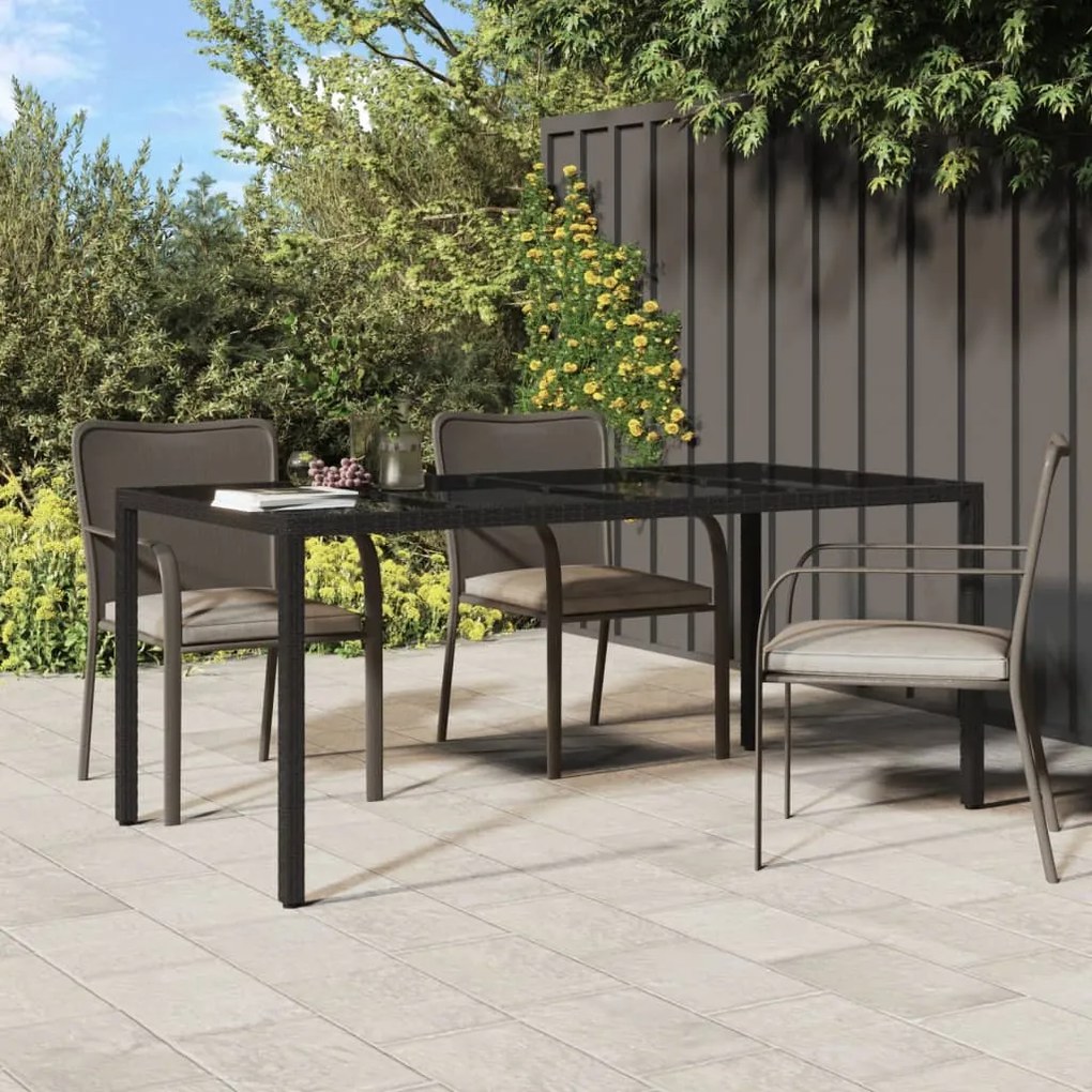 316713 vidaXL Mesa de jardim 190x90x75 cm vidro temperado e vime PE preto