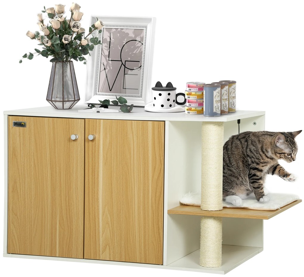 Móvel Caixa de Areia para Gatos 3 em 1 para Gatos com Poste para Arranhar e Centro de Jogos 94x48x50,5 cm Carvalho e Branco