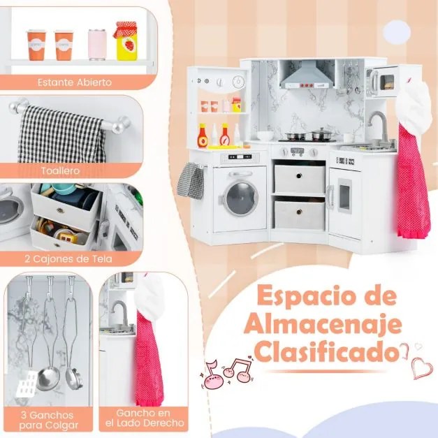 Cozinha Brincar de madeira para crianças 102 x 51 x 85 cm com luzes e sons, exaustor iluminado, sistema de água com dispensador e máquina de lavar par
