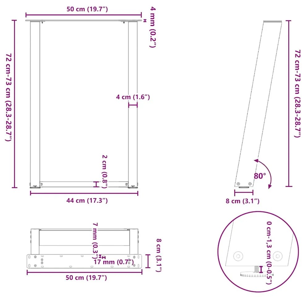 Pernas p/ mesa de jantar 2 pcs forma U 50x(72-73)cm aço natural