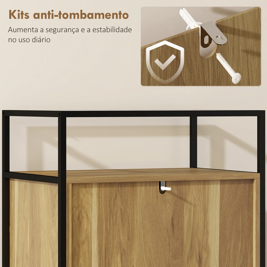 Cómoda 4 Gavetas Cómoda Quarto com Superfície de Vidro Temperado Prateleira Aberta Estrutura de Aço 60x40x94,5 cm Teca