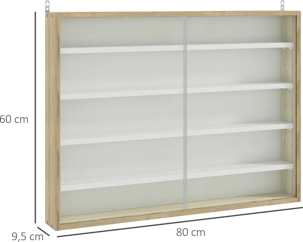 Vitrine de Parede de Madeira com Prateleiras Ajustáveis e 2 Portas Corredeiras de Vidro para Coleções Perfumes 80x9,5x60cm Madeira e Branco