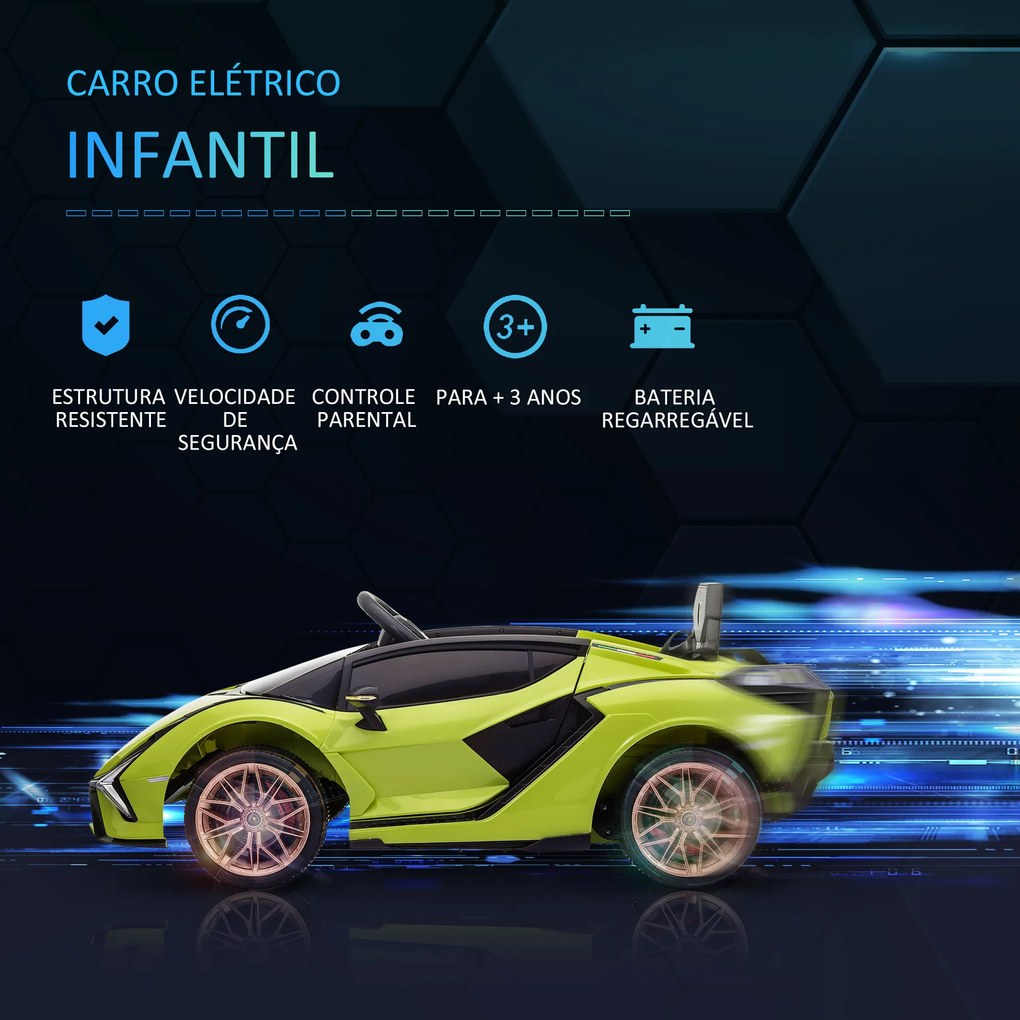 Carro Elétrico Lamborghini SIAN 12V para Crianças de 3-8 anos com Controle Remoto Abertura da Porta Música MP3 USB e Faróis 108x62x40cm Verde