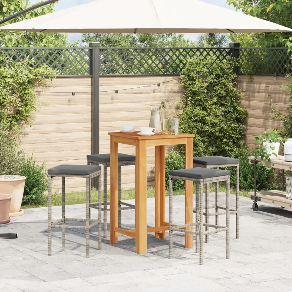 5 pcs conjunto de bar p/ jardim acácia maciça/vime PE cinzento