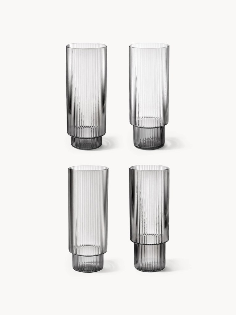 Mouth-Blown Highball Glasses Ripple with Groove Relief, Set of 4