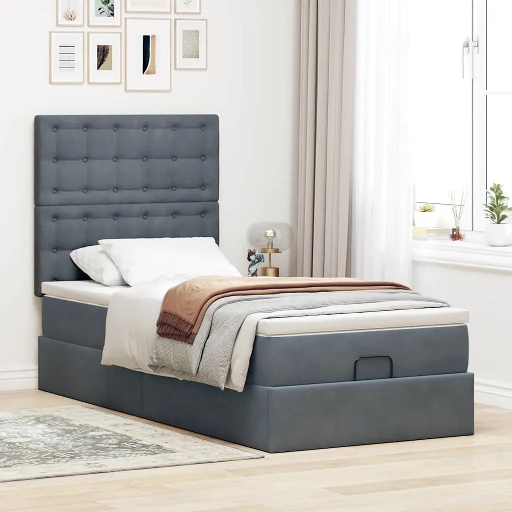 Estrutura de cama otomana com colchões cinza escuro veludo
