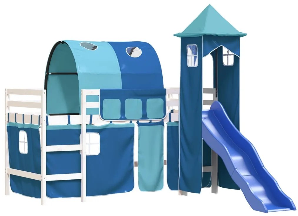 Cama alta para criança com torre 90x190 cm pinho maciço azul