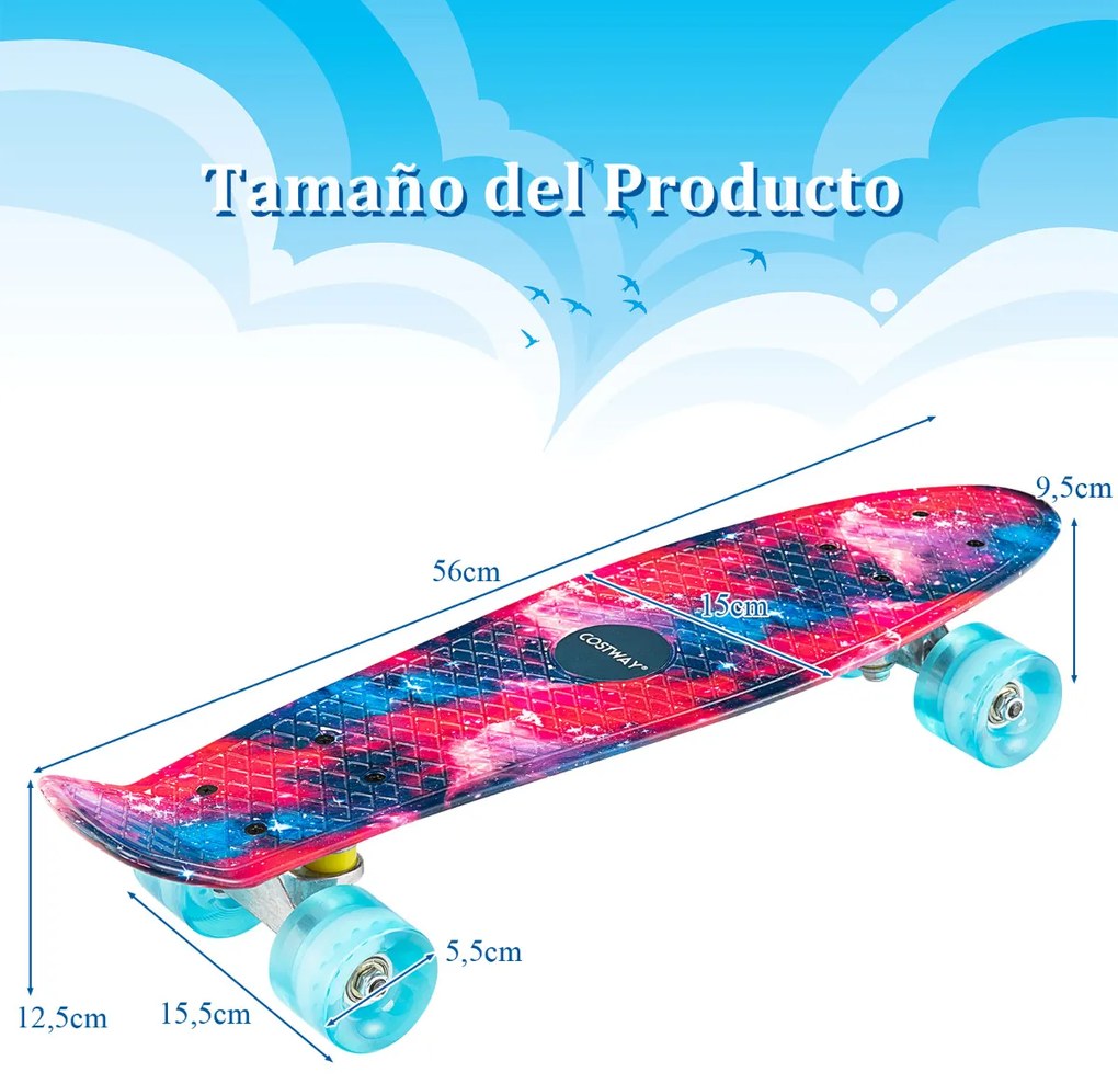 Mini Skate 56 cm Skate Completo com Rodas PU Silent Roll Galaxy Padrão para Iniciantes Crianças 6+ Anos Rosa