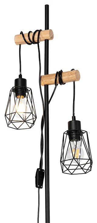 Candeeiro de pé rústico preto com madeira 2-luzes com cúpula - Dami Frame