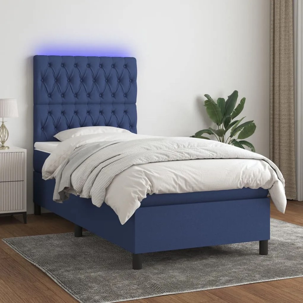 Cama box spring c/ colchão e LED 90x200 cm tecido azul