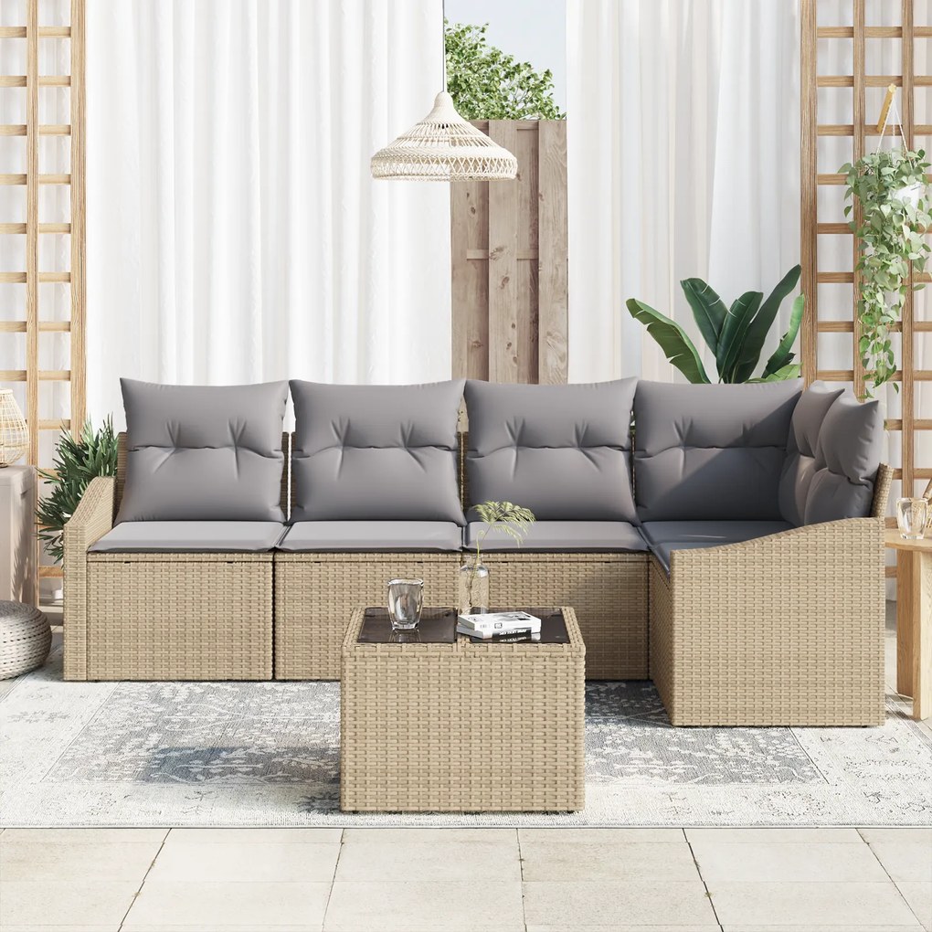 Conjunto de jantar de jardim com 6 peças e almofadas preto em rattan s