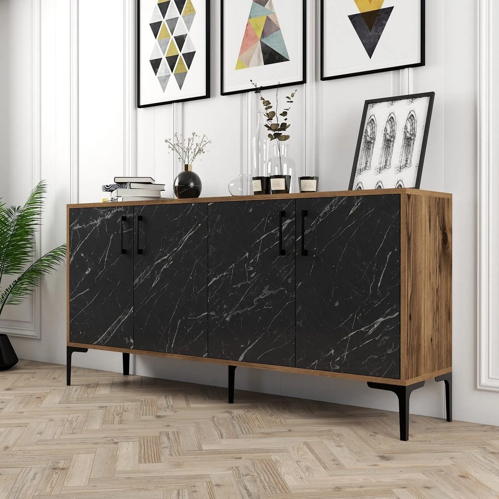 Console Kiev – Nogueira e Mármore Preto – 160 cm x 78 cm x 35 cm