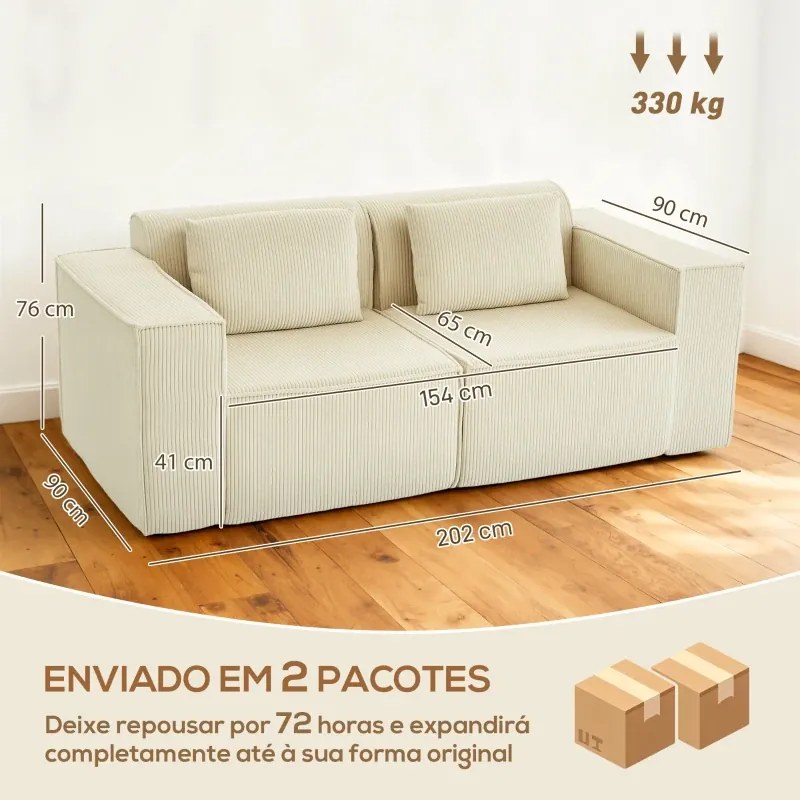 Sofá de 3 Lugares Sofá de Sala 202x90x76 cm Revestido em Veludo Cotelê Acolchoamento Espesso e 2 Almofadas Bege