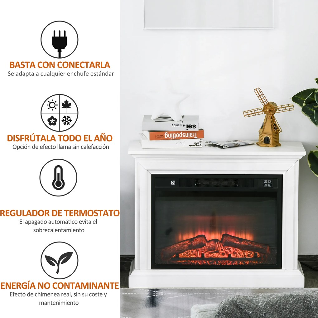 HOMCOM Lareira de parede elétrica Potência 1800W Efeito de chama de LED com controle remoto Temporizador e termostato 79x27x62,4 cm branco