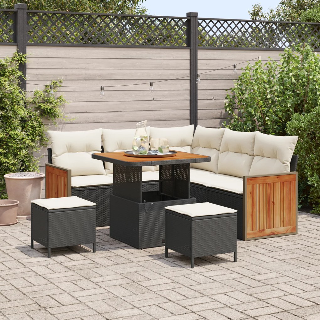 Conjunto de Sofá de Jardim vidaXL de 8 Peças com Almofadas Preto Vime Acácia