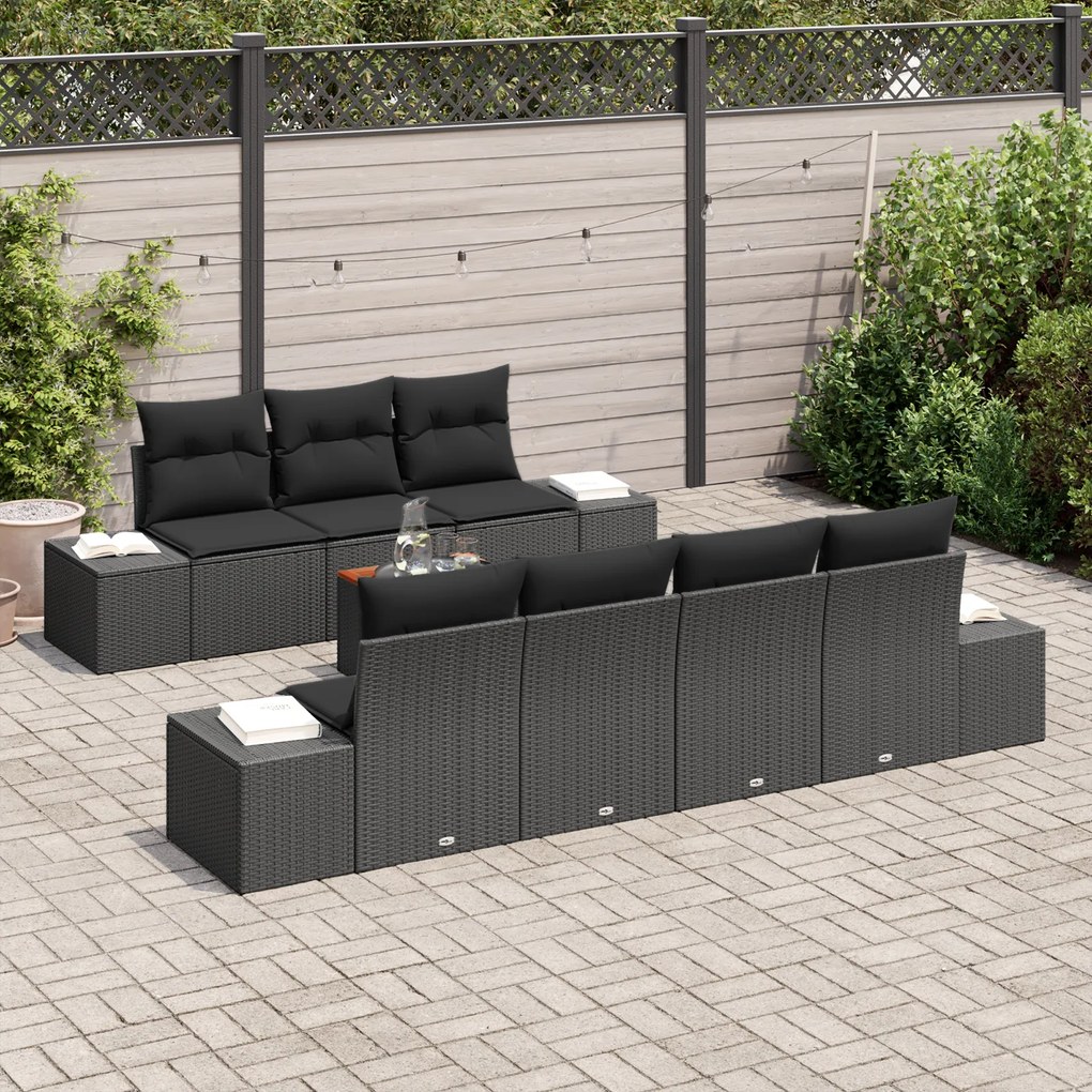 Conjunto de Sofás de Jardim de 8 Peças com Almofadas Preto Vime Acácia