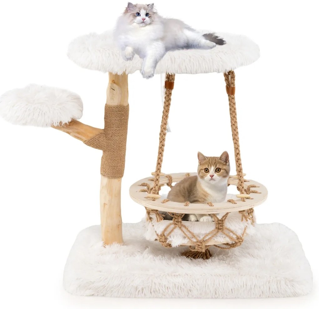 Arranhador para gatos 64 x 44 x 66 cm com berço suspenso, poste para arranhar em juta, plataforma acolchoada e pelúcia macia para interior Natural+Br